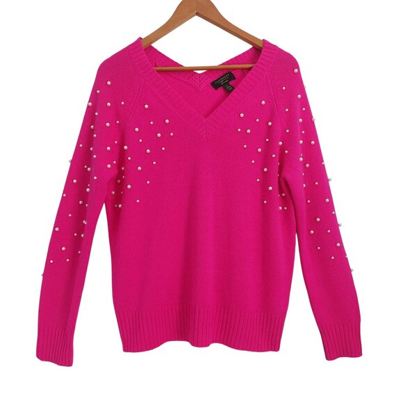 Charter Club Pink Cashmere Sweater Double V-Neck Pearl Embellished Feminine - Picture 1 of 10